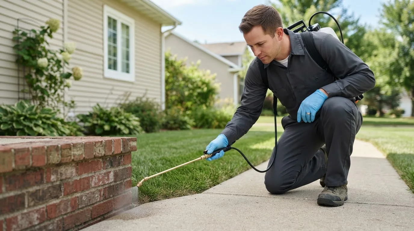 Pest control technician treating a home near Uvalda, GA